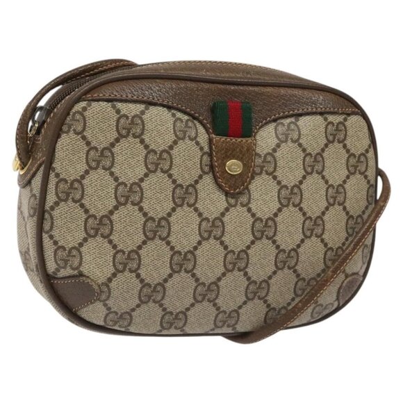 Authentic GUCCI GG Supreme Web Sherry Line Shoulder Bag PVC Beige Red Green